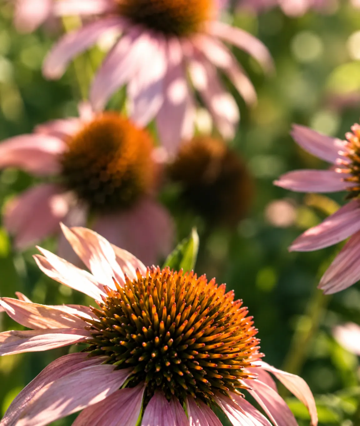 Échinacées roses en fleur, éclairées à contre-jour
