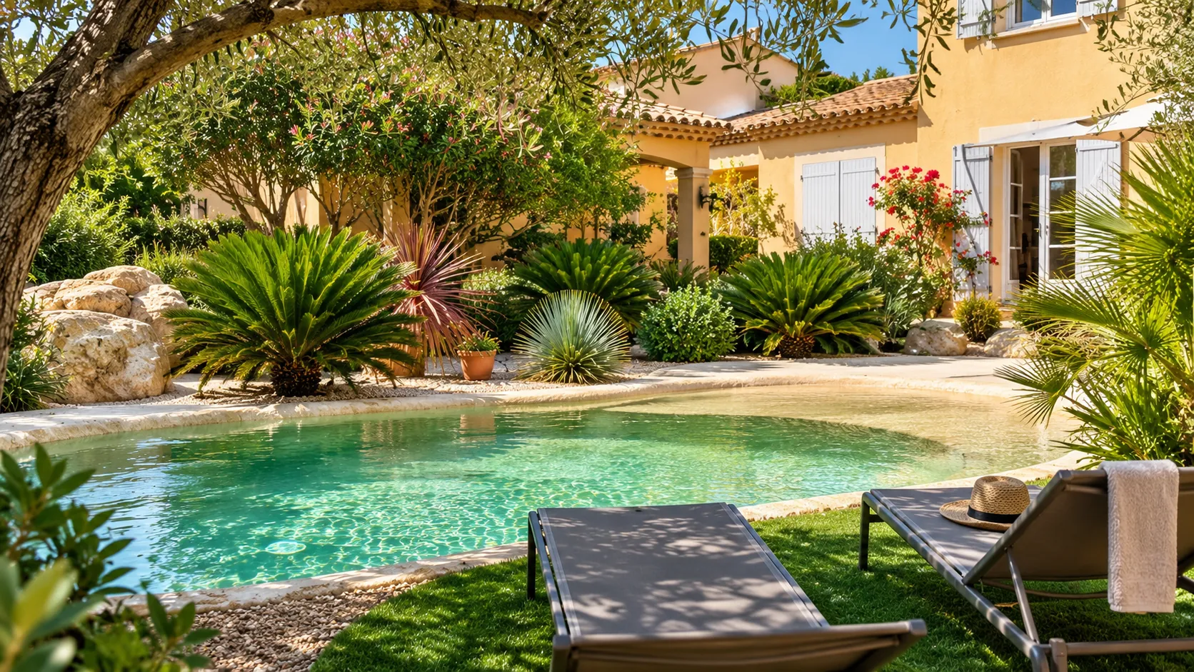 Jardin méditerranéen planté de palmiers et d’oliviers autour d’une piscine, devant une maison aux volets clairs