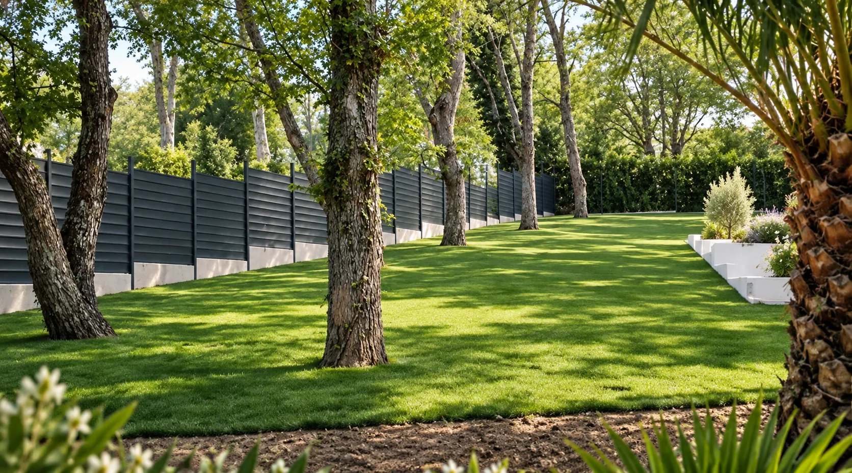 Grande pelouse tondue sous des arbres, le long d’une clôture en lames sombres