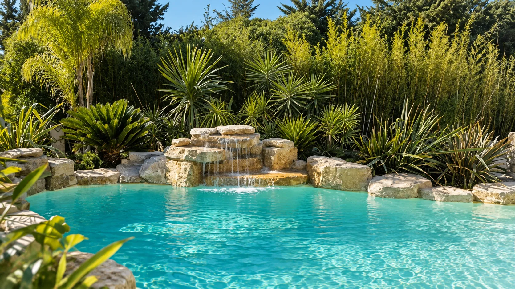 Piscine turquoise bordée de pierres, avec une cascade et des massifs de yuccas